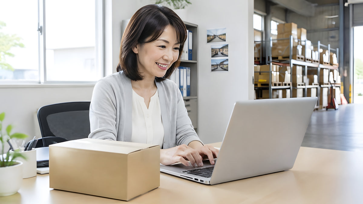 事務所でノートパソコンから新しい製品をホームページに載せる事務の人
