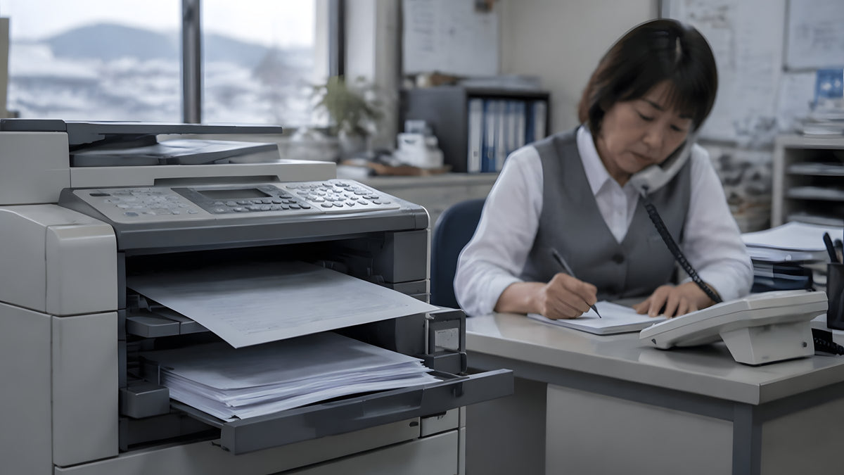 朝の事務所で、FAXが届き続け、事務の人が電話を受けている