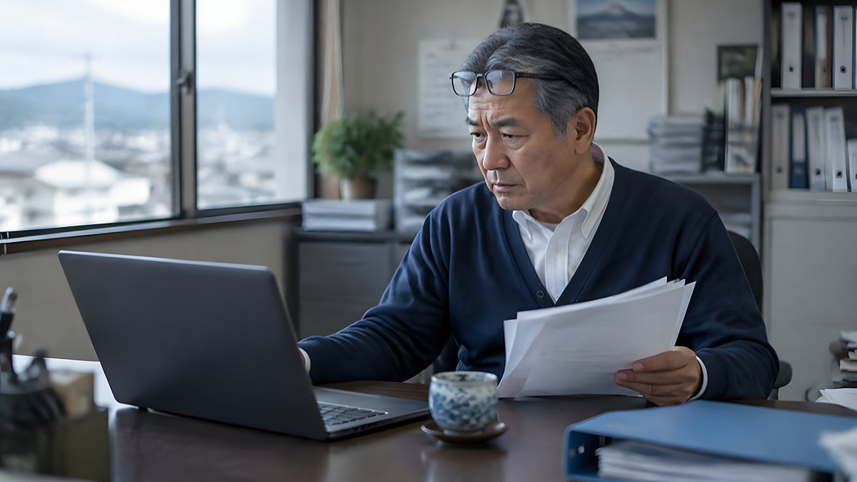 事務所で、ホームページの保守費の書類を見ている社長