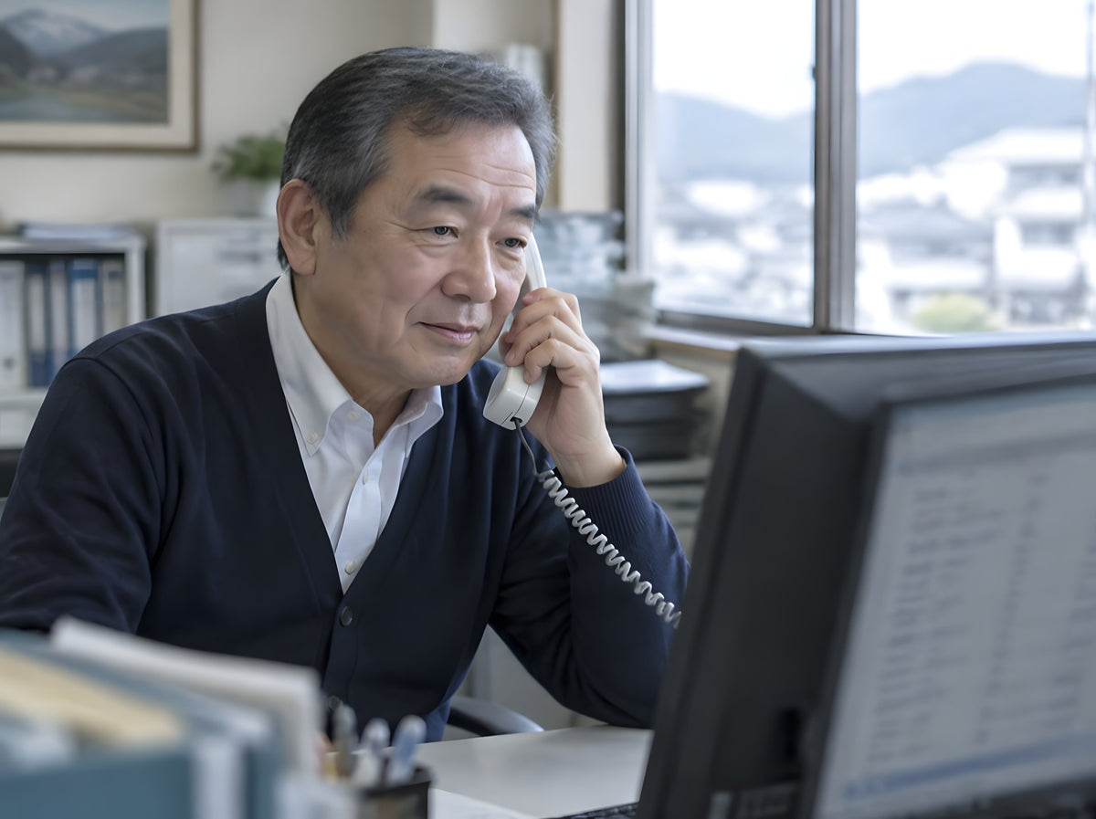 受注の担当でない社長が、注文の一覧を見ながら取引先の電話に答えている
