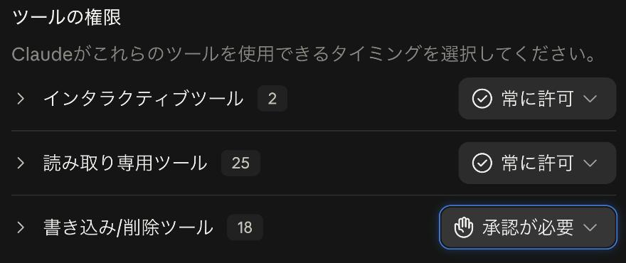 Claudeのコネクタ設定の「ツールの権限」。読み取り専用ツールは「常に許可」、書き込み/削除ツールは「承認が必要」にしている画面