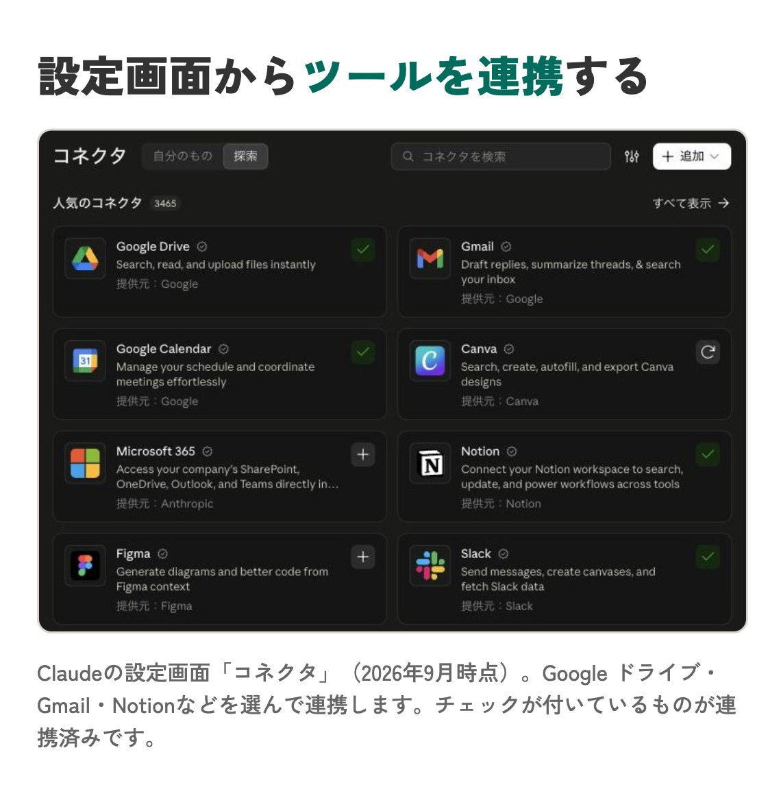 Claudeの設定画面「コネクタ」。Googleドライブ・Gmail・Notionなどを選んで連携する
