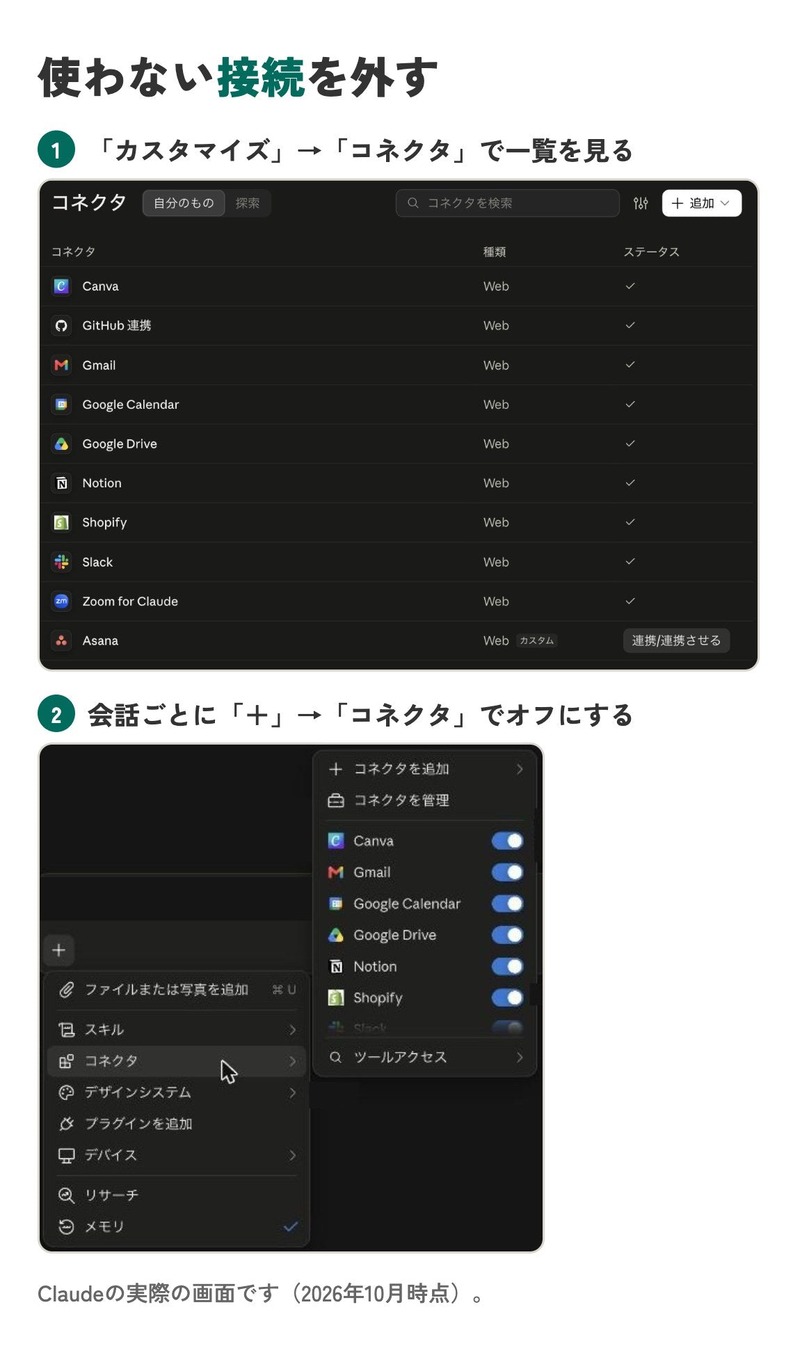 Claudeの「カスタマイズ」→「コネクタ」でつないでいるツールの一覧を見る画面と、会話ごとに「＋」→「コネクタ」でオン・オフを切り替える画面